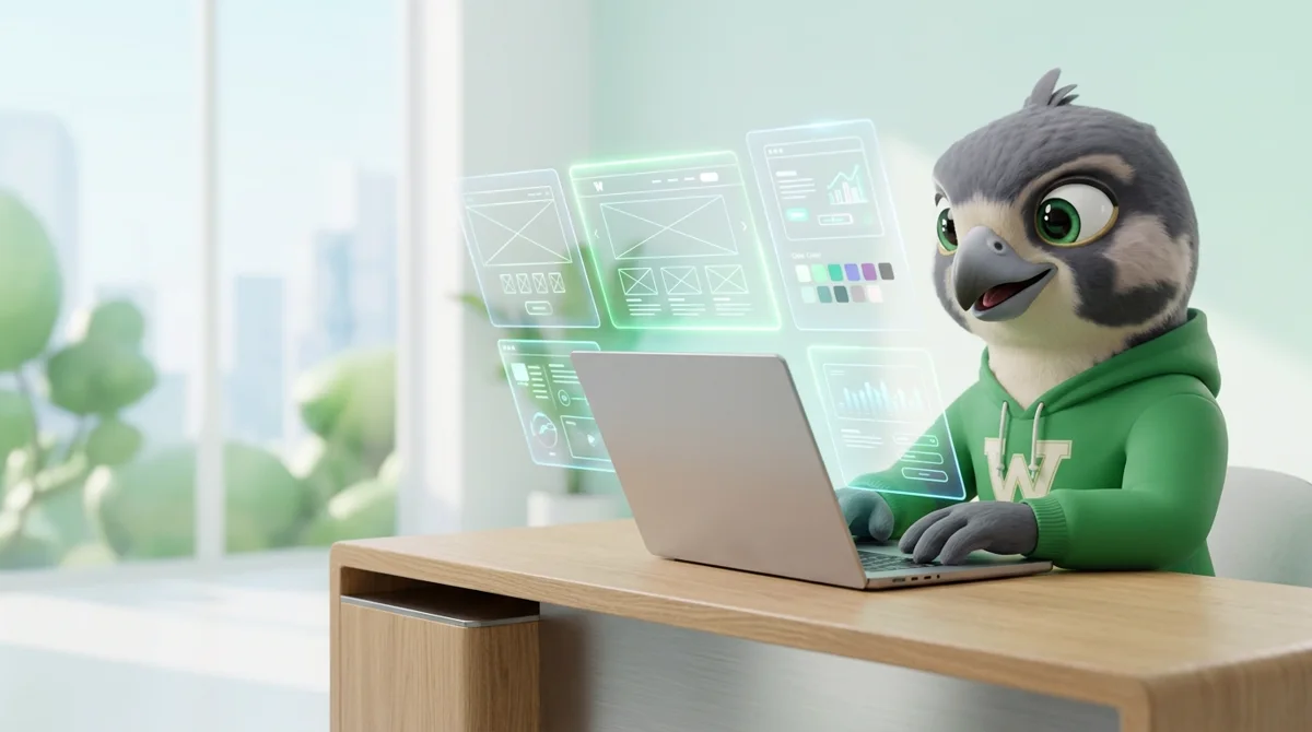 Falko conçoit un site web sur son ordinateur, entouré de maquettes holographiques