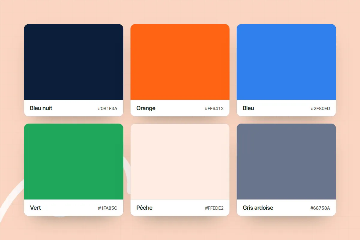 Couleurs du site Bisecco : bleu nuit, orange, bleu, vert