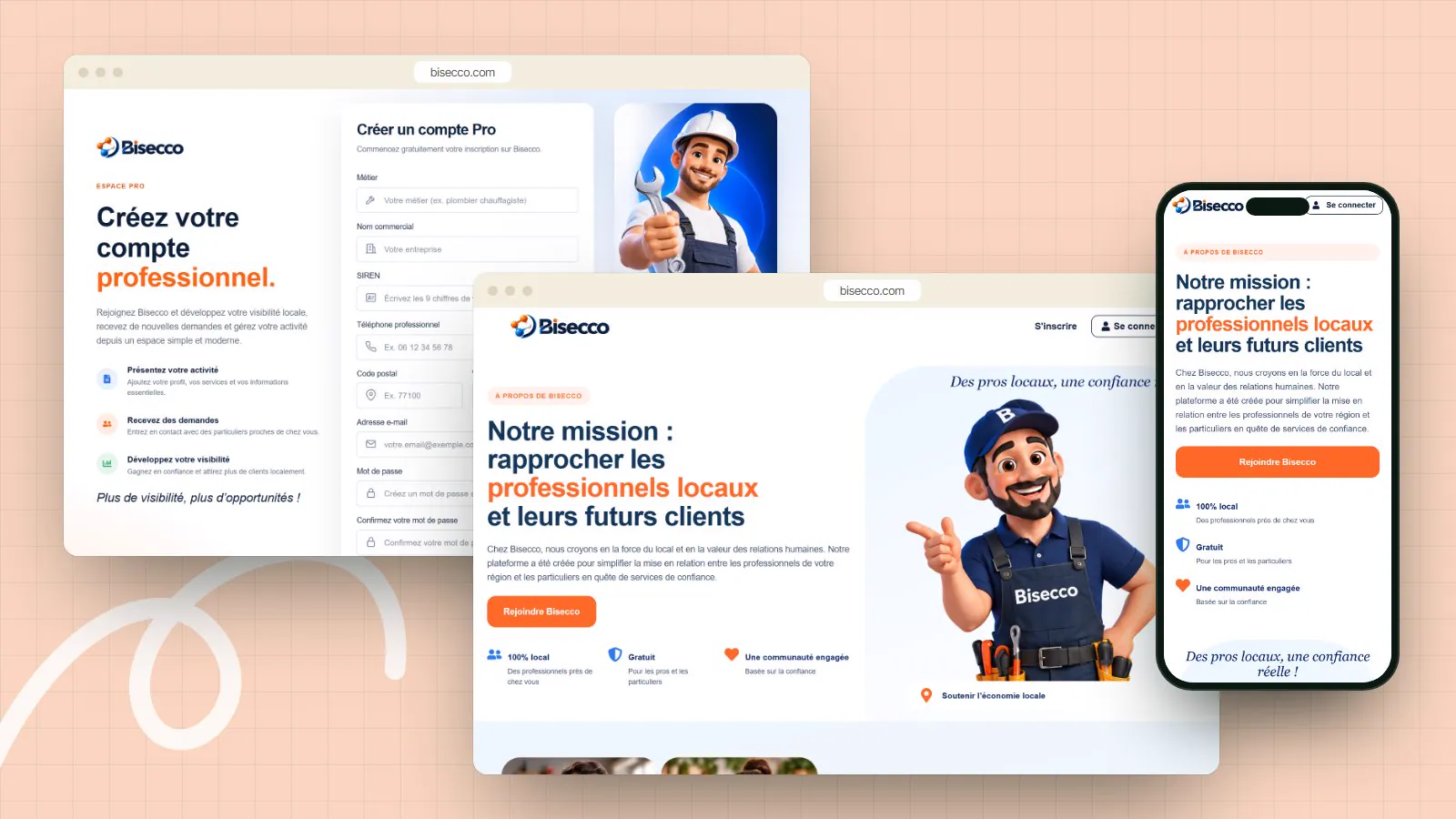 D’autres pages du site Bisecco, sur ordinateur et sur téléphone