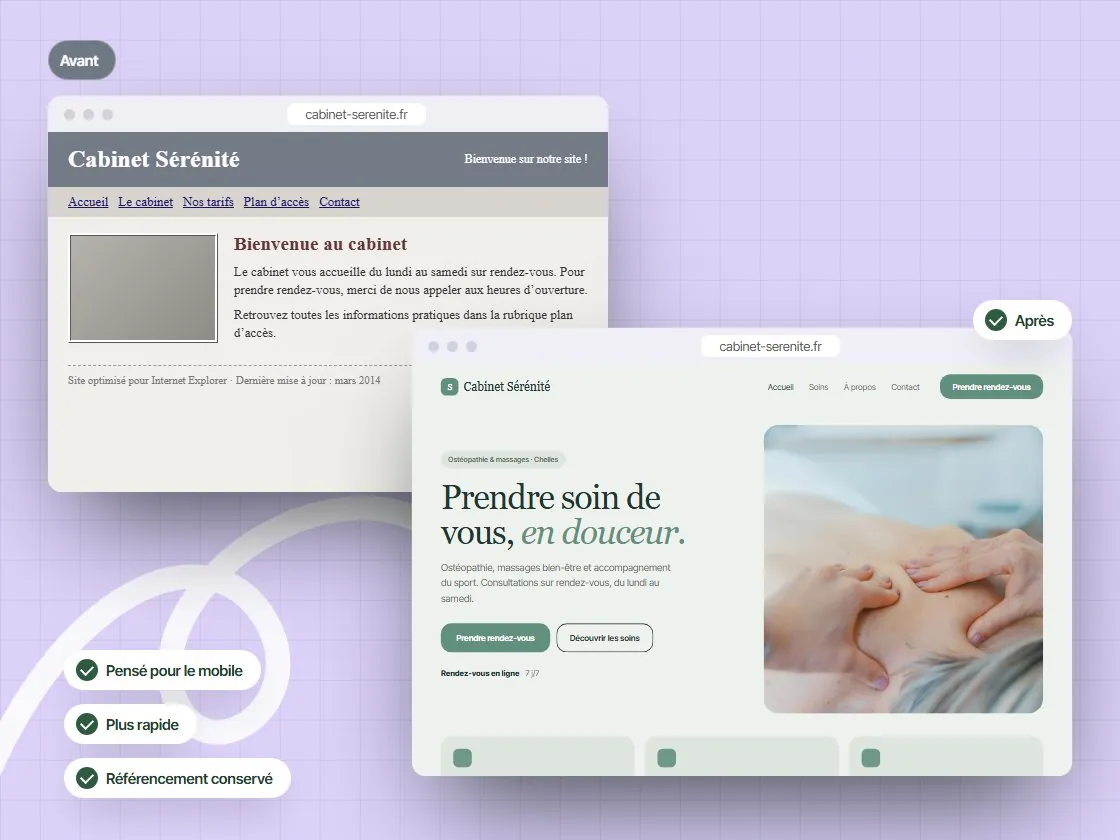 Comparaison avant et après la refonte du site d’un cabinet d’ostéopathie