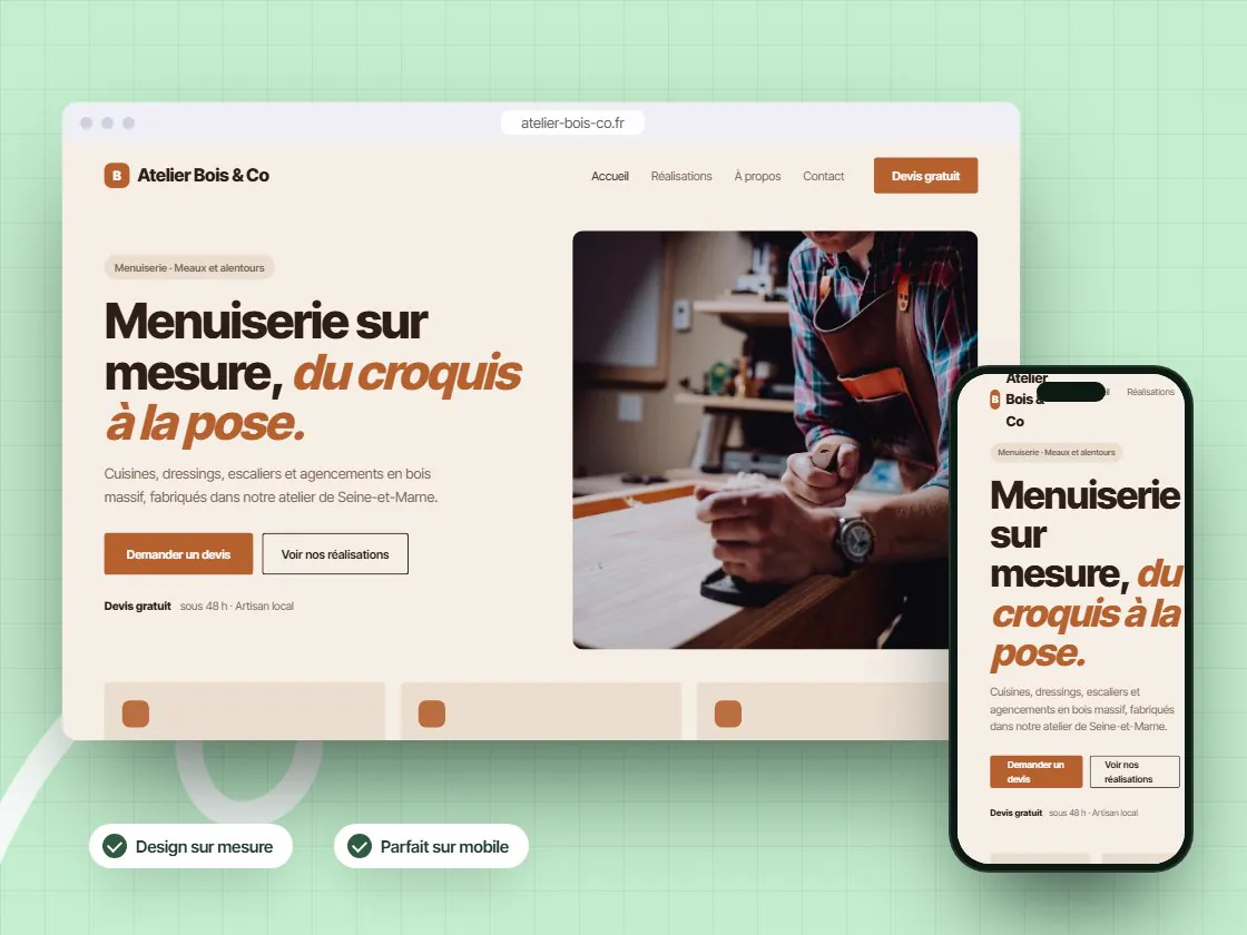 Site vitrine d’un atelier de menuiserie affiché sur ordinateur et sur téléphone