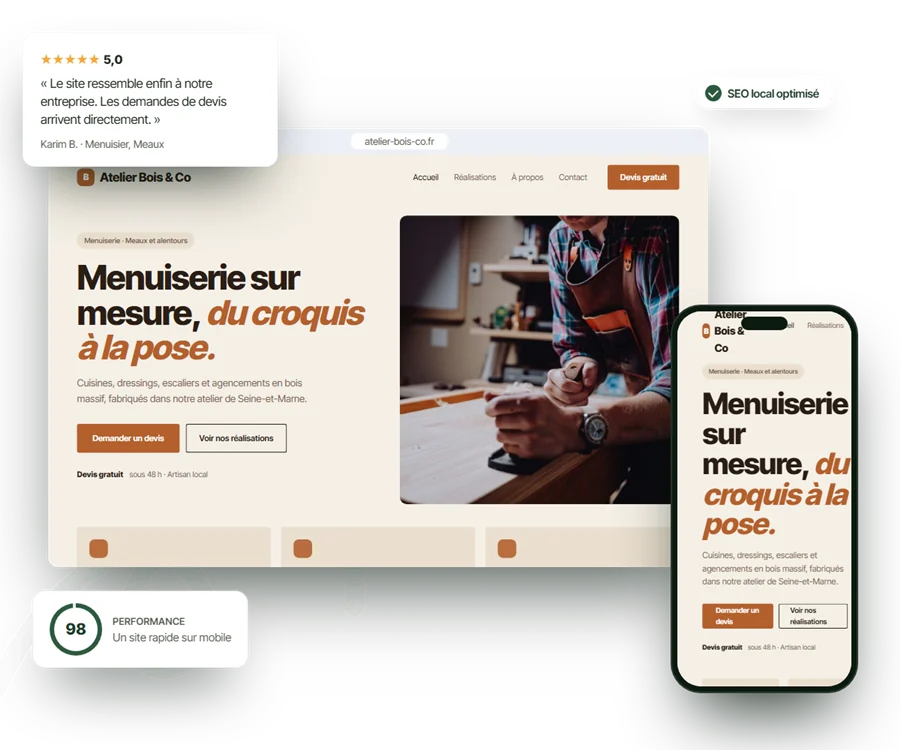 Site d’un artisan affiché sur ordinateur et sur téléphone, avec un avis client et un score de performance