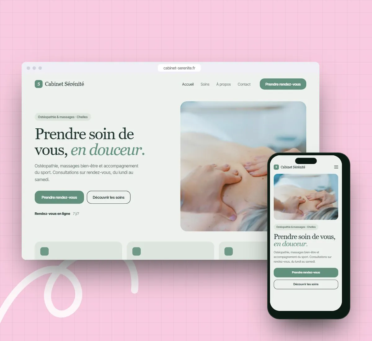 Site d’un cabinet d’ostéopathie affiché sur ordinateur et sur téléphone