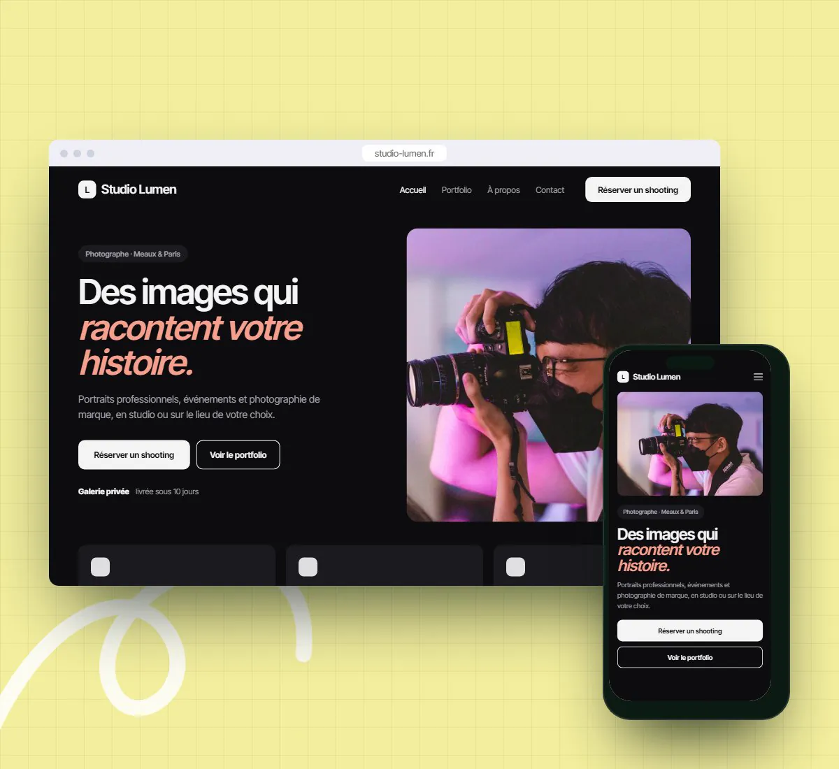 Site d’un studio affiché sur ordinateur et sur téléphone