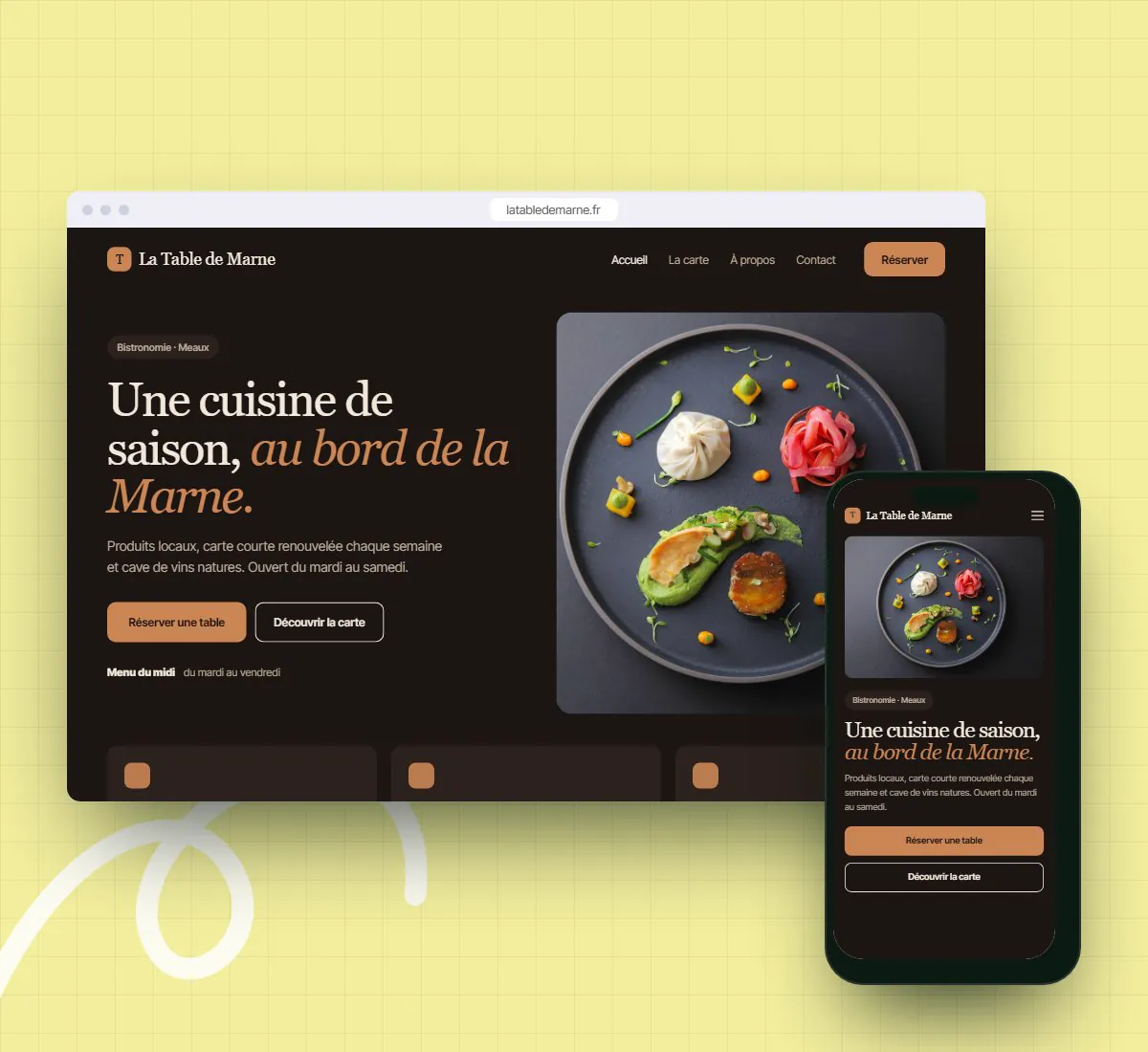 Site d’un restaurant bistronomique affiché sur ordinateur et sur téléphone