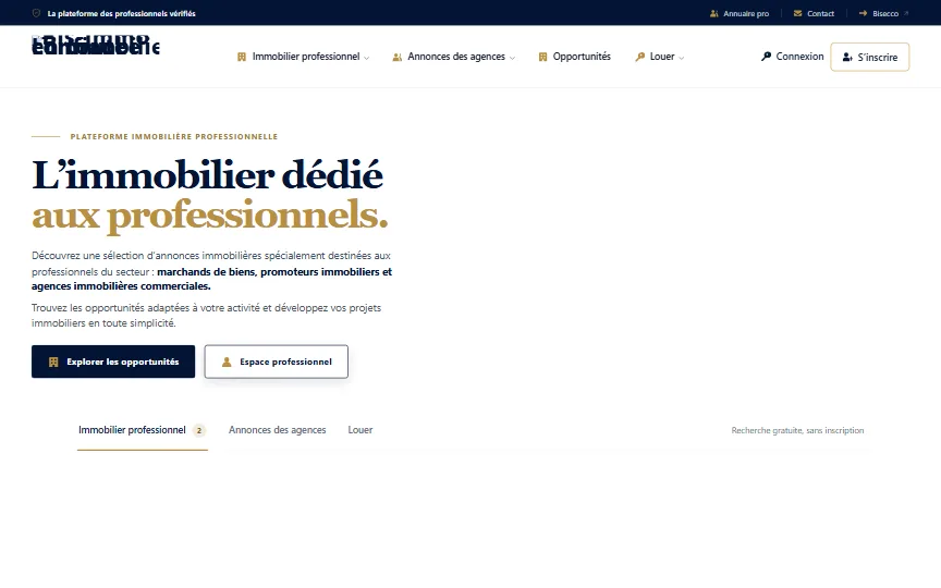 Page d'accueil du site Bis-immo, plateforme immobilière pour professionnels, réalisé par Webify Meaux